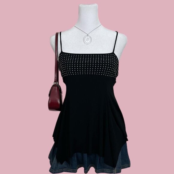 vintage 90s rhinestone downtown it girl cami with asymmetric hem - Picture 1 of 8